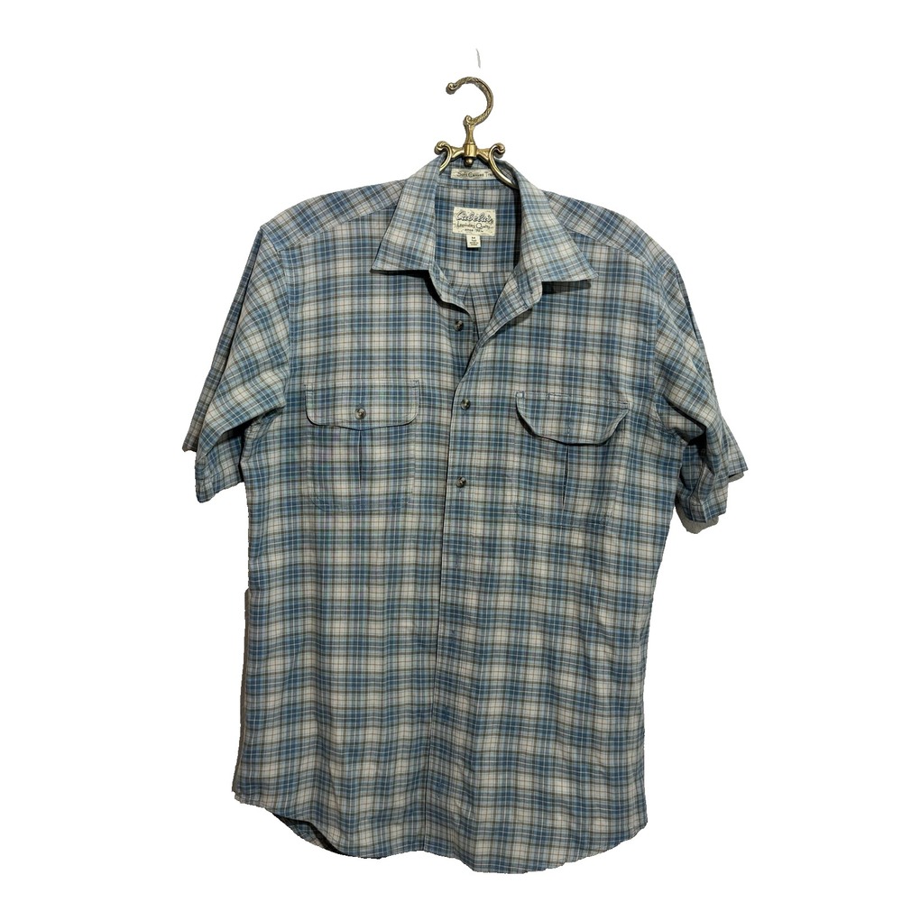 Cabelas Soft Canvas Trail Plaid Button Up Shirt Mens Medium Tall Blue Gray Short